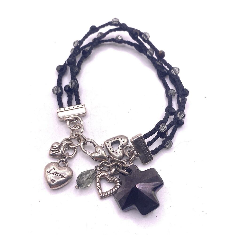 Brighton "Karma Black Cross" Bracelet Black Corded Crystal Teardrop Heart Cross